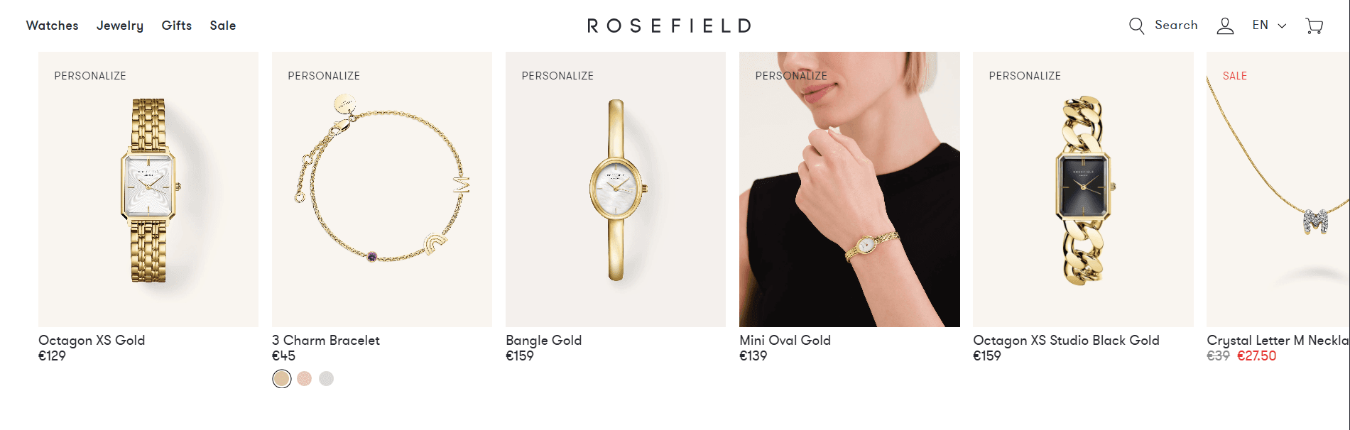 Section de l'interface d'achat Rosefield